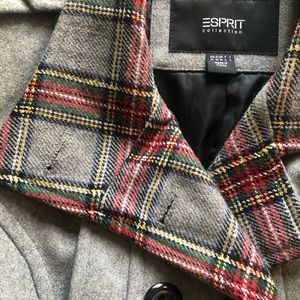 Espirit Grey Wool Peacoat with Plaid Detail